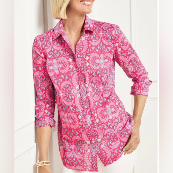 Talbots Red White Blue Paisley Long Sleeve Button Front Lightweight Blouse Top - Picture 1 of 11